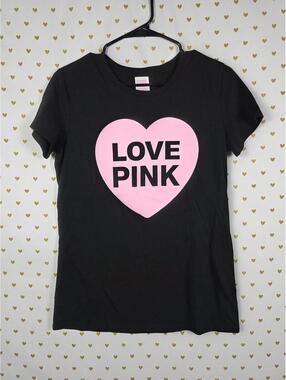 Victorias Secret PINK LOVE Heart Logo Campus Originals Tee Shirt Black SMALL